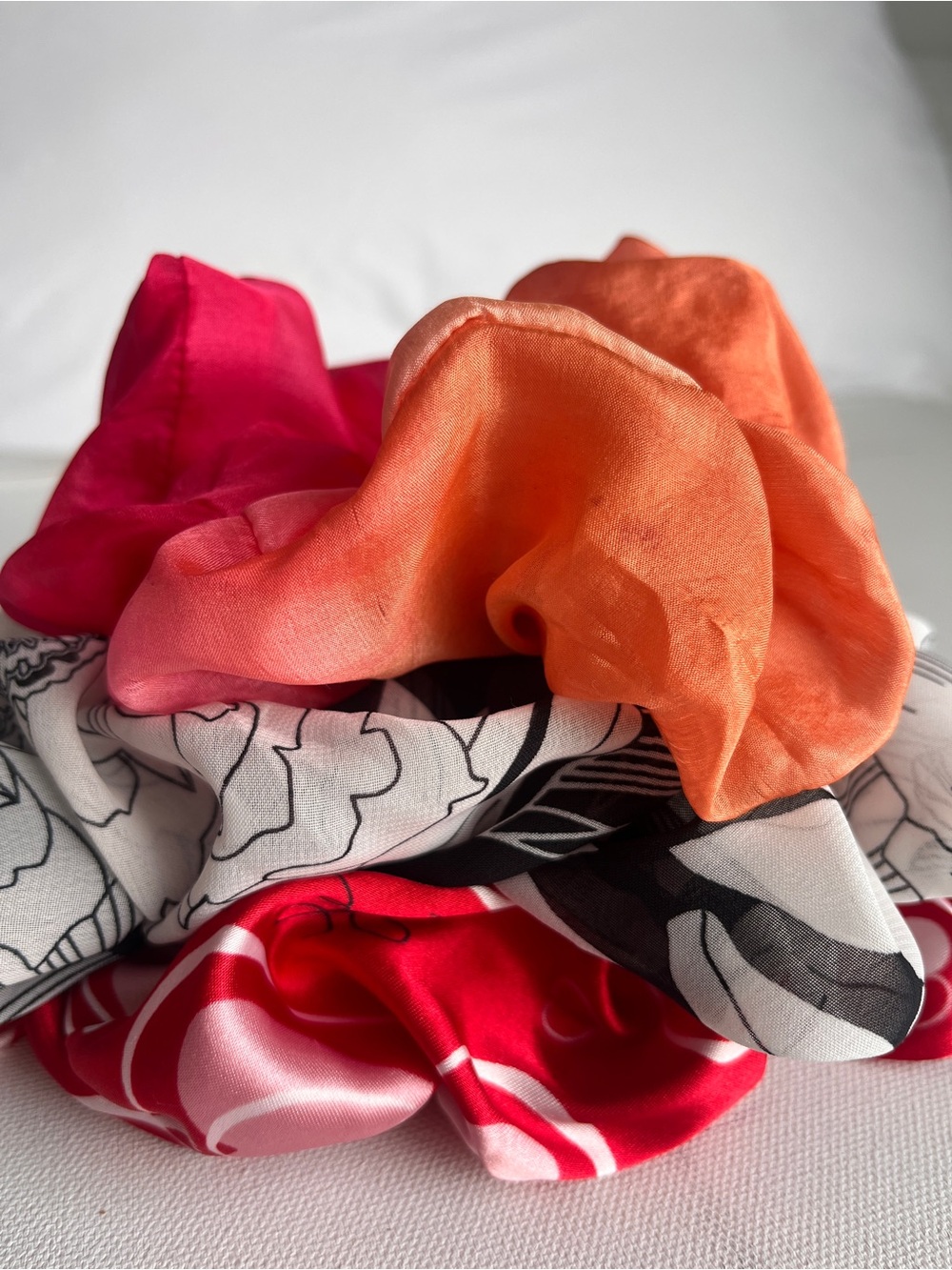 Satin & Silk Scrunchie Bundle - Pink, Orange, Red, Black & White | 3 Pc